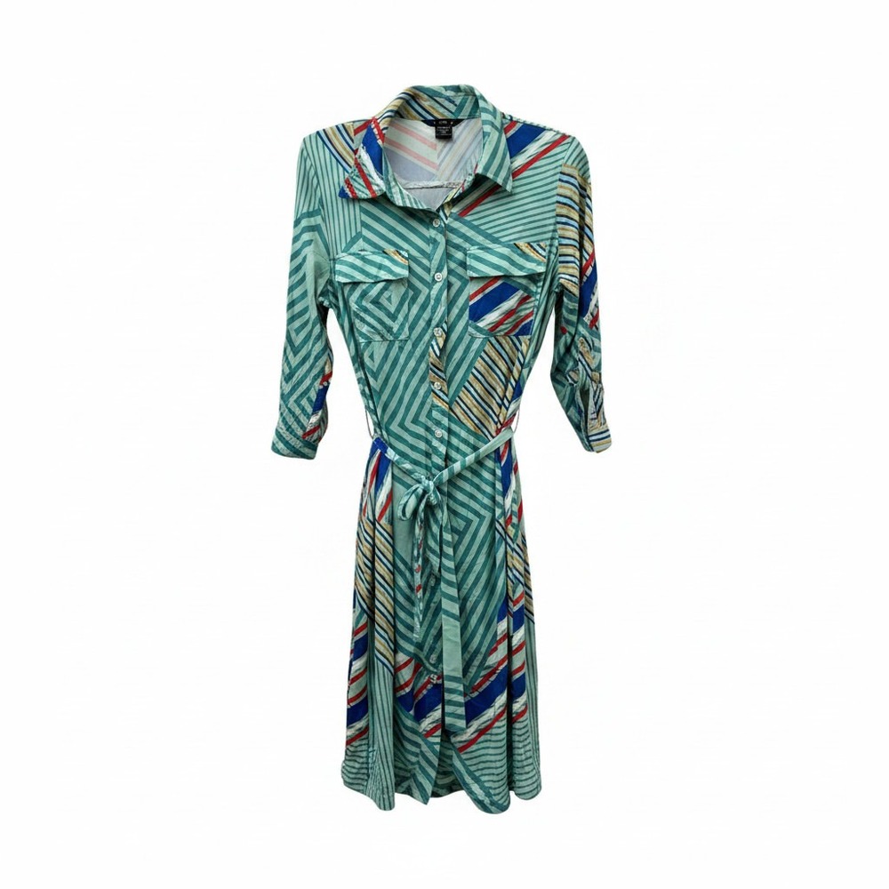 Robert Louis Shirt Dress Womens M Sage Combo Geometric Stripe Midi Pocket